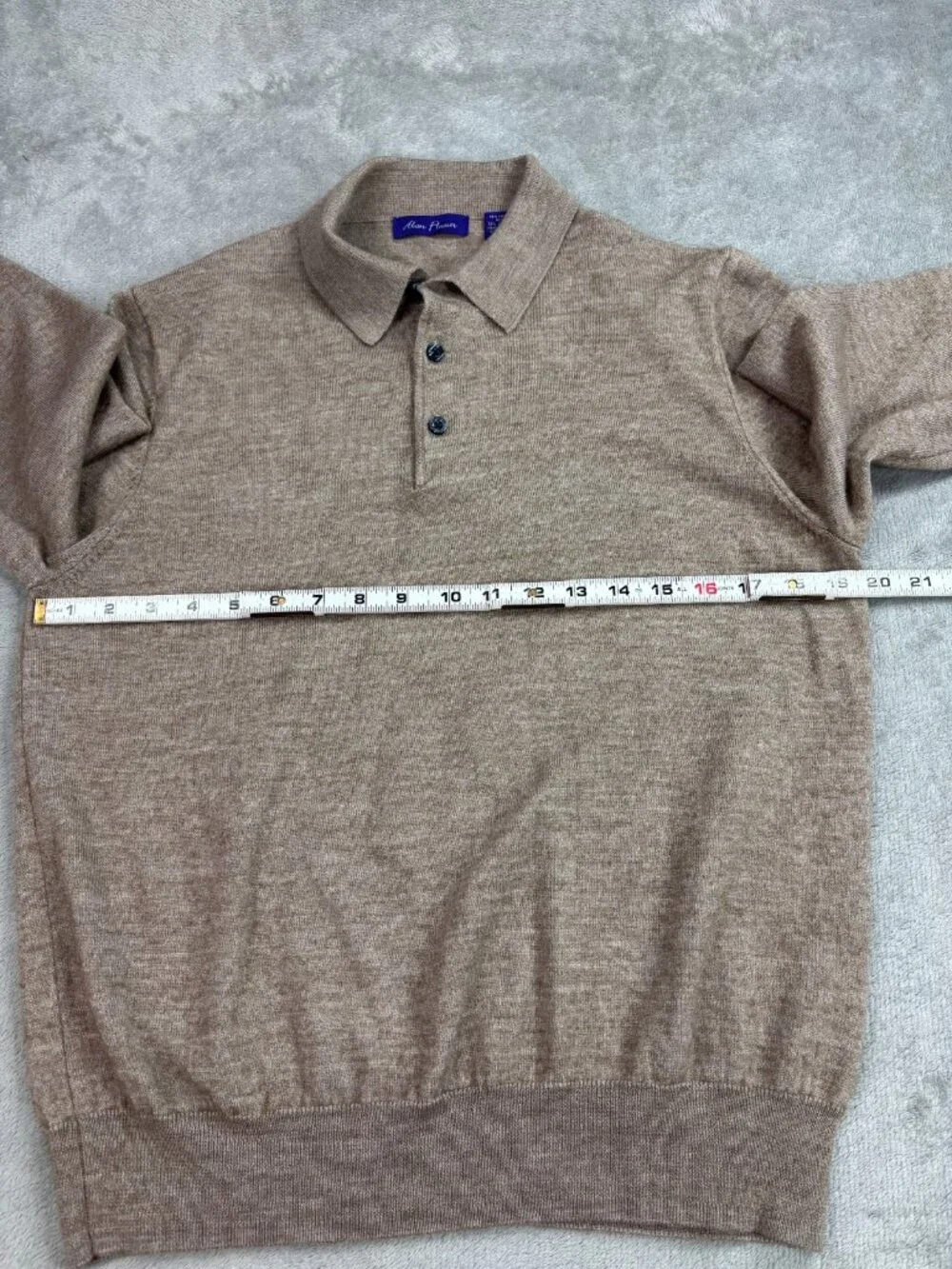 Alan Flusser Classic Polo Sweater Mens Medium Tan Merino Wool Ribbed Hem Golf